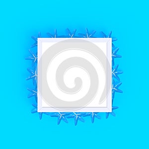 Flower with blank white picture frame abstract minimal blue background, Nature concept