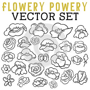Flower Blooms Vector Set with lined stems, leaves, buds, and florals