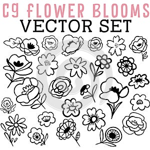 Flower Blooms Vector Set with stems, leaves, buds, and florals