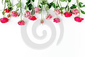 Flower border frame made of red roses on white background with copy space for text. Valentine`s background. Floral