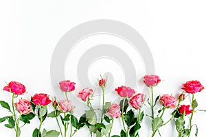 Flower border frame made of red roses on white background with copy space for text. Valentine`s background. Floral