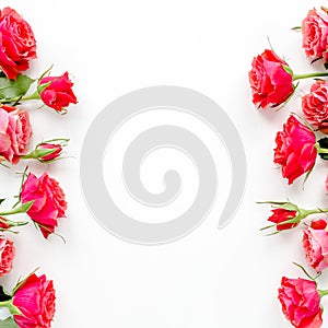 Flower border frame made of red roses on white background with copy space for text. Valentine`s background. Floral