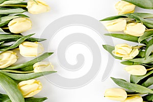 Flower border frame made of yellow and beige buds tulip on a white background. The apartment lay, top view. Floral