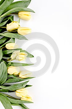 Flower border frame made of yellow and beige buds tulip on a white background. The apartment lay, top view. Floral