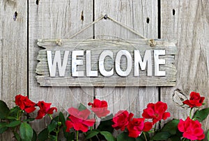 Flower border of red roses by wood welcome sign hanging on distresed wooden fence