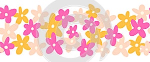 Flower border seamless vector. Cute simple doodle Scandi florals repeating horizontal pattern. Kids flower banner pink yellow