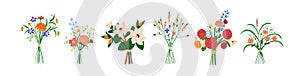 Flower bouquet, beautiful blossom arrangements set. Spring and summer floral bunches, garden flora and wildflowers photo