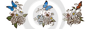 Flower bouquet of colored iris japonica, gypsophila, chamomile, almond, menelaus blue morpho, blue morpho, red lacewing