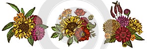 Flower bouquet of colored poppy flower, gerbera, sunflower, milkweed, dahlia, veronica
