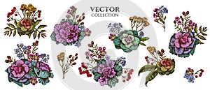 Flower bouquet of colored wax flower, forget me not flower, tansy, ardisia, brassica, decorative cabbage