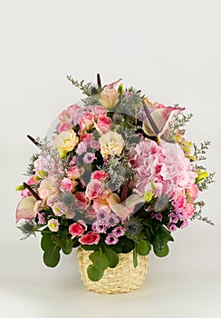 Flower bouquet, colorful flowers on basket