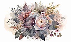 Flower Bouquet floral bunch, vector boho design object, element. Peach, creamy pale pink Anemone Poppy Rose flowers