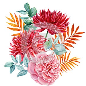 Flower bouquet isolated on white background for decoration. dahlia and autumn orange leaves, watercolor hand drawing