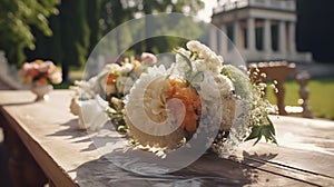 Flower bouquet at the outdoor dinning table as decoration for wedding reception dinner event