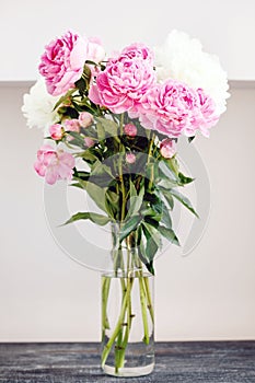 Flower bouquet of pink and white fresh peony flowers in a glass vase