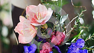 Flower bouquet in the rays of light, rotation, composition consists of Eustoma, eucalyptus, Amaryllis pink, Orchid vanda