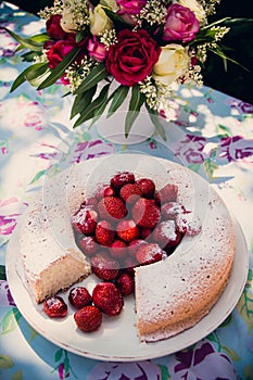 Flower bouquet of roses and angelfood cake