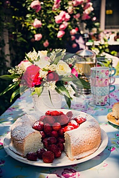 Flower bouquet of roses and angelfood cake