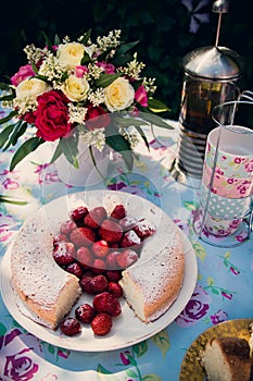 Flower bouquet of roses and angelfood cake