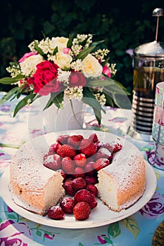 Flower bouquet of roses and angelfood cake