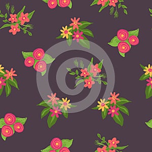 Flower bouquet seamless pattern. Pink yellow green hand drawn ditsy floral background. Repeat tile Narcissus, Daffodil