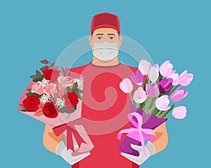 Flower bouquet service. Delivery man in sterile mask