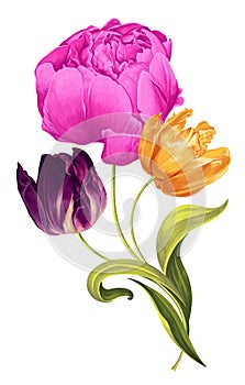 Flower bouquet with tulips and peonies. Multicolored spring flowers arranged in a minimalist composition.