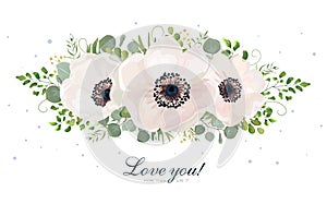 Flower Bouquet vector watercolor design element. Peach, pink white rose Anemone flower, wax, eucalyptus, green fern leaf, berry m