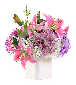 Flower bouquet in white ceramic pot