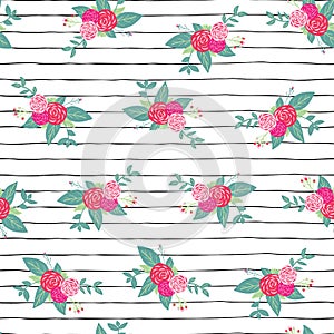 Flower bouquets on black and white stripes seamless repeat vector pattern background. Pink abstract roses and foilage on hand