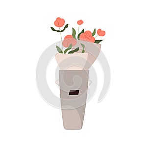 Flower bouquets in bucket. Floral bunches in paper wrapping in metal vase. Cut fresh posies of blooming roses. Garden