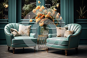 Flower bouquets in large luxury interior home with turquoise chair