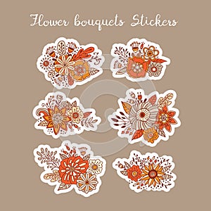 Flower bouquets vector stickers. Hand drawn floral ornaments for labels and tags design