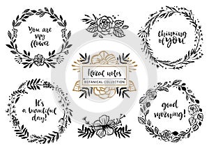 Flower bouquets, wreaths with inspirational quotes. Floral botanical elements. Hand drawn illustration. Nature vector design.