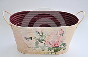 Flower bowl or pot with handles, vintage style with roses made with decoupage technique