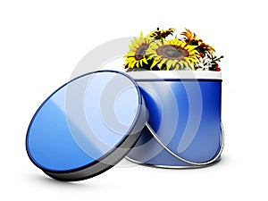 Flower box with flowers. 3d illustration, isolated white