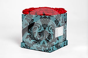 Flower box intended for home decor, weddings, anniversaries, birthdays and other celebrations. Red roses