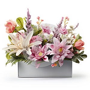 Flower box isolated on white created with Generative AI. Beautiful blossoming flowers.