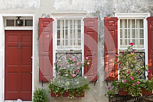 Flower boxes red shutters