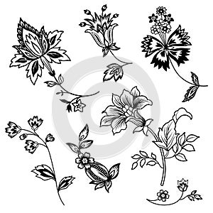 Flower branches black outline set