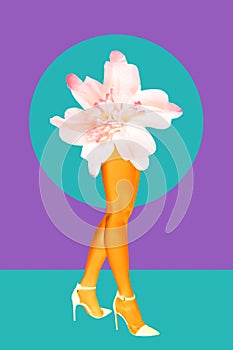 Flower bud and women`s beautiful legs in acid color tights and high heels shoes on a colorful background. Disco light