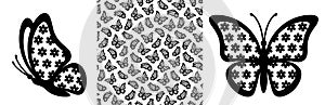 Flower butterfly contour and butterfly seamless pattern