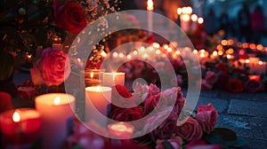 A flower and candle-lit memorial for bomb victims, with the glow illuminating the faces of the respectful crowd