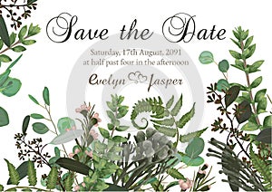 Flower card wedding invitation, with green watercolor, eucalyptus, forest fern, herbs, eucalyptus, branches of boxwood, botanical