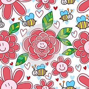 Flower cartoon cute bee seamless pattern