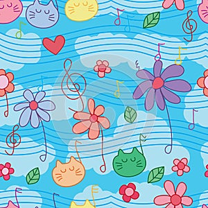 Flower cat music note seamless pattern