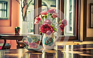 Flower in a ceramic vase with a coffee cup.