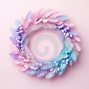 Flower Christmas wreath on pastel background. Floral trendy minimalistic wreath. Design for winter festive Christmas New Year