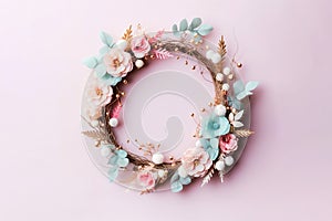 Flower Christmas wreath on pastel background. Floral trendy minimalistic wreath. Design for winter festive Christmas New Year