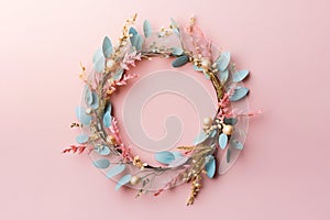Flower Christmas wreath on pastel background. Floral trendy minimalistic wreath. Design for winter festive Christmas New Year